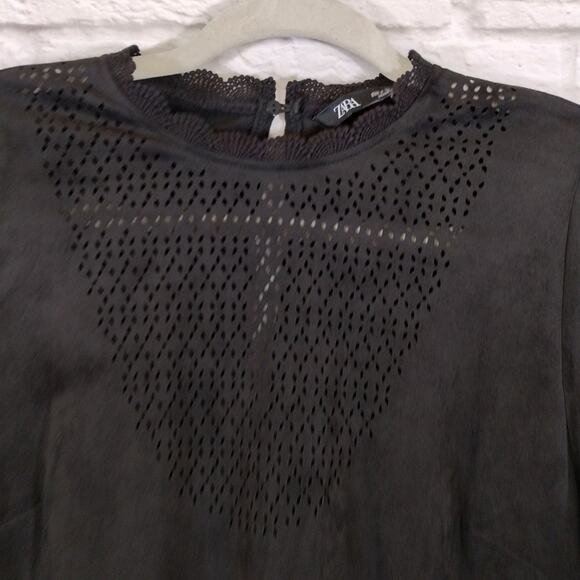 O Zara Womens Black Faux Suede Laser Cute Long Sleeve Mini Dress NWT Size S - Picture 7 of 13